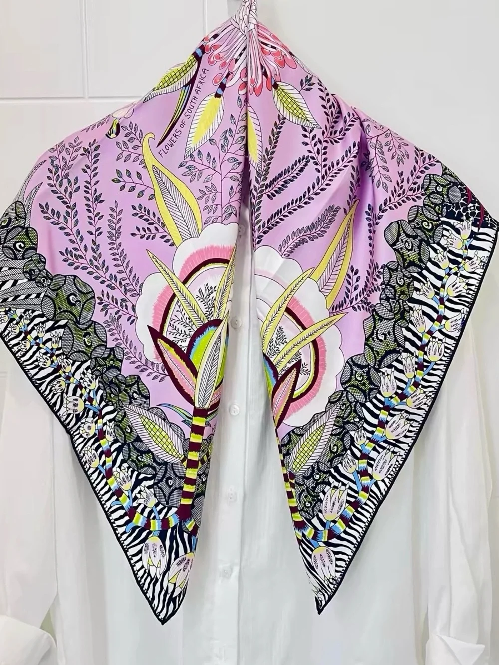 Botanical Pink Floral Silk-Effect Square Scarf 100% silk. 90 x90cm. Brand new